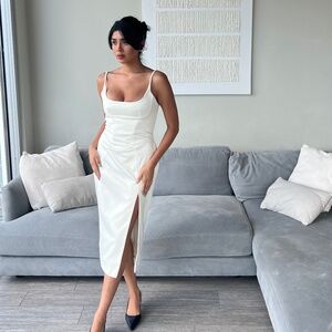 Casimira Ivory White Saton Corset Midi Dress